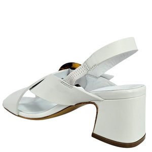 White leather slingback sandal with chunky block heel and tortoiseshell buckle detail