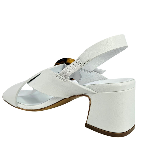 White leather slingback sandal with chunky block heel and tortoiseshell buckle detail