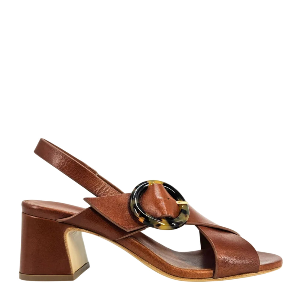 Cognac leather open-toe singback sandal with block heel and round buckle detail