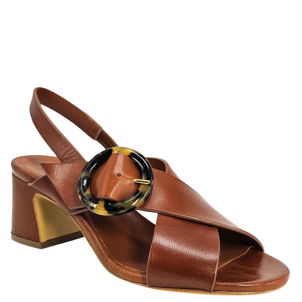 Cognac leather open-toe singback sandal with block heel and round buckle detail