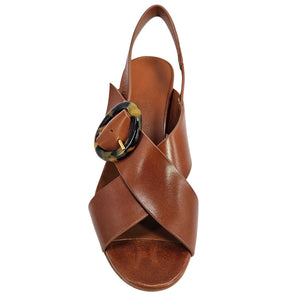 Cognac leather singback sandal with open toe, round buckle accent, slingback strap