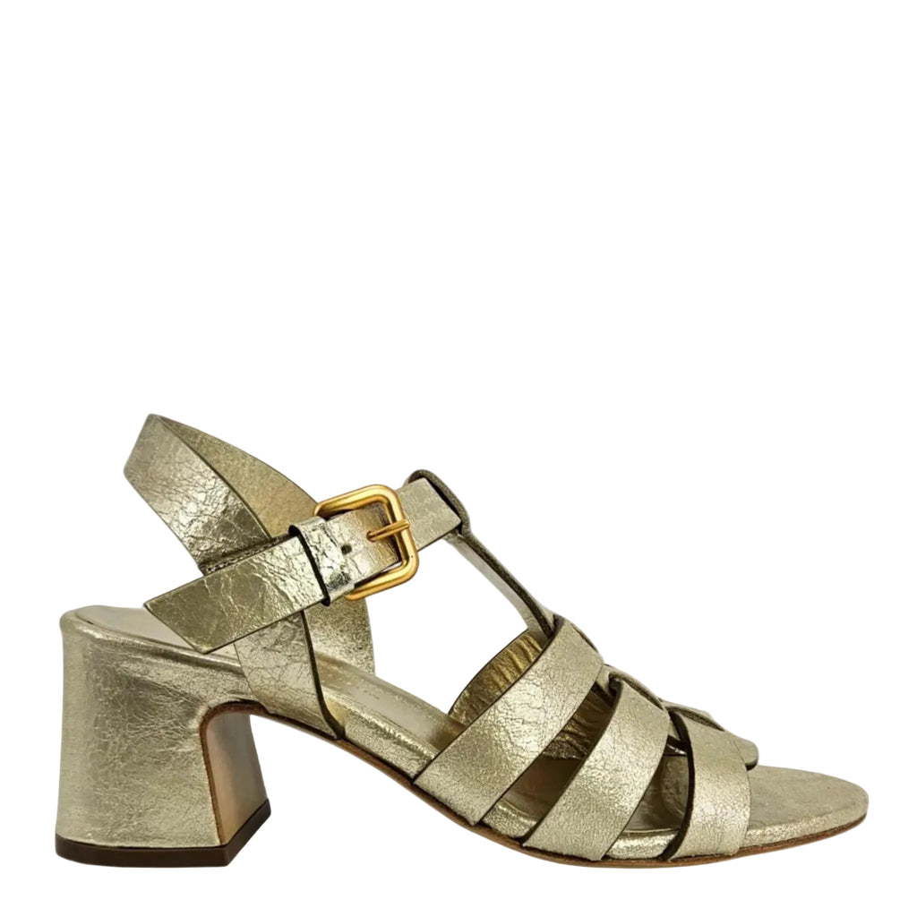 Gold metallic gladiator heeled sandal with buckled ankle strap