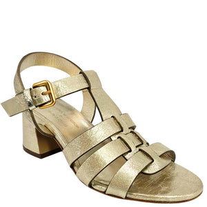 Gold metallic gladiator heeled sandal, side view with adjustable buckle