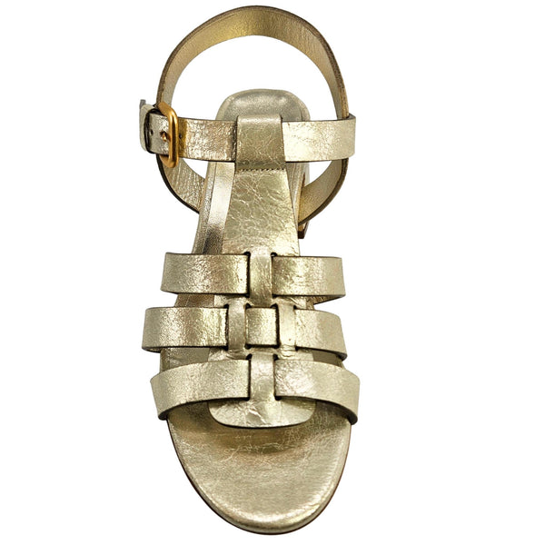 Gold metallic gladiator heeled sandal, front view with stacked strap details