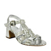 Silver metallic gladiator heel sandal with crisscross straps and square buckle