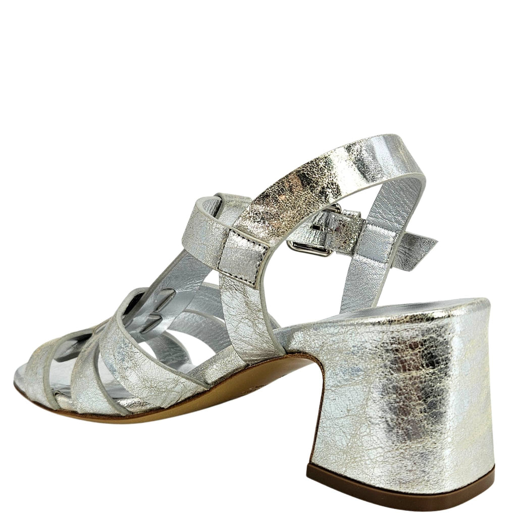 Silver metallic gladiator heel sandal with multiple straps and chunky block heel
