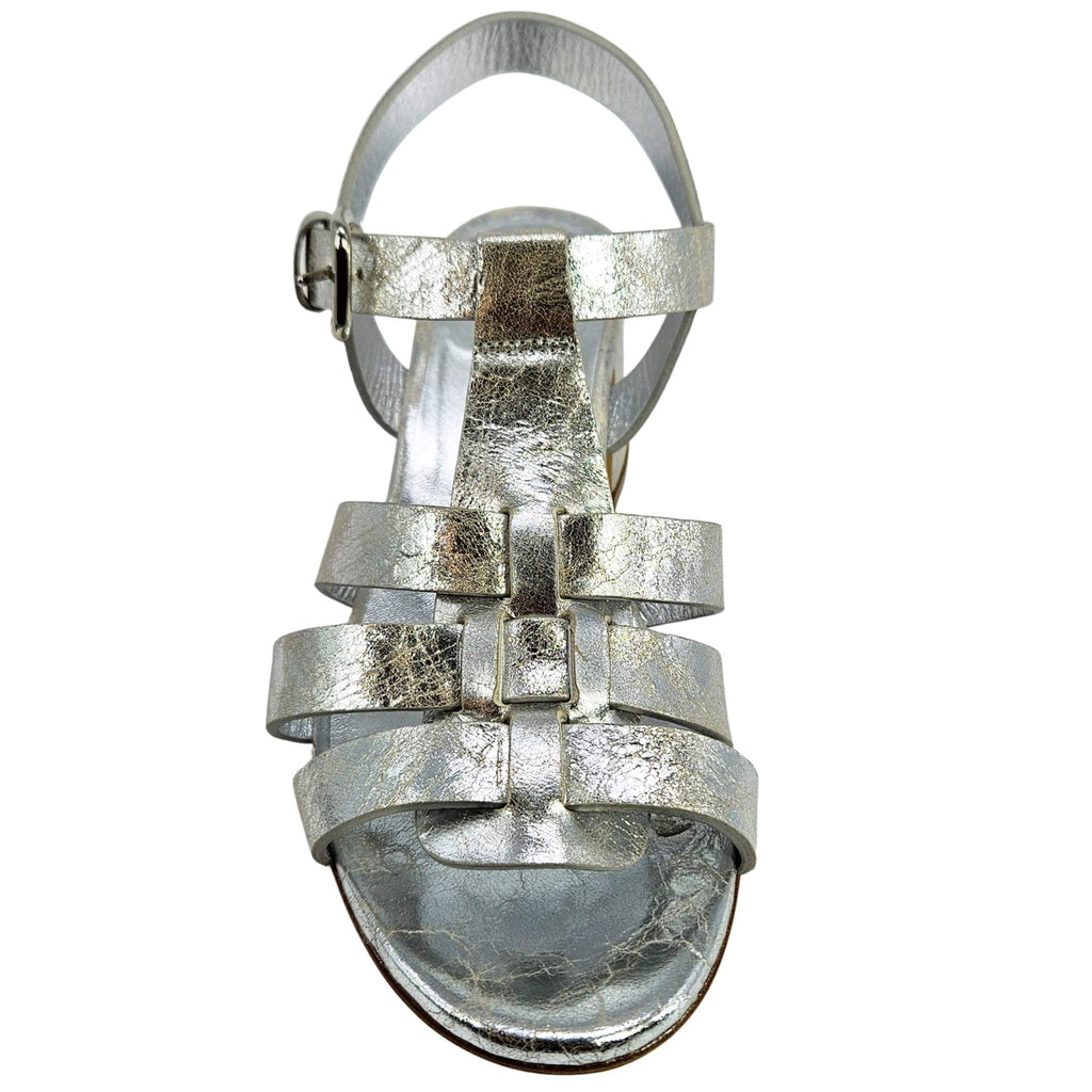 Silver metallic gladiator heel sandal with tall strap harness and side buckle