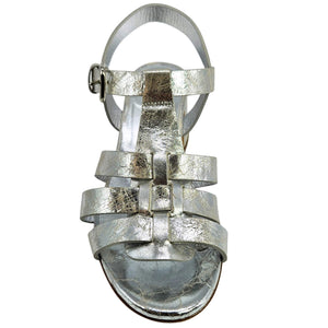 Silver metallic gladiator heel sandal with tall strap harness and side buckle