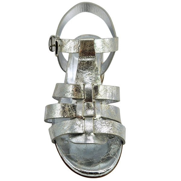 Silver metallic gladiator heel sandal with tall strap harness and side buckle