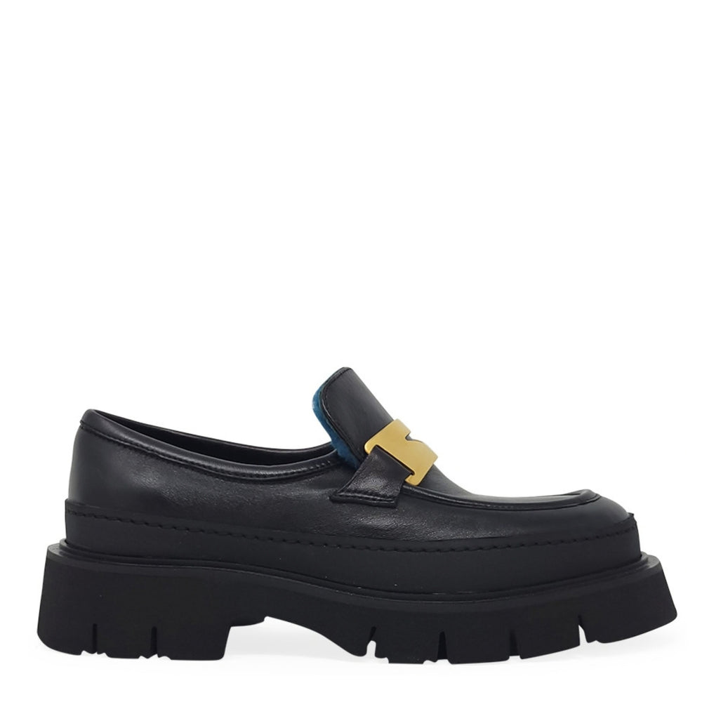 Black leather chunky loafer with gold buckle and dark blue shearling lining