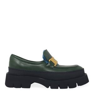 Green leather chunky loafer with gold buckle strap, dark sole, shearling lining