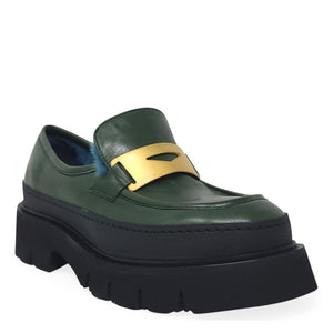 Green leather loafer with gold strap detail, blue shearling lining, chunky outsole