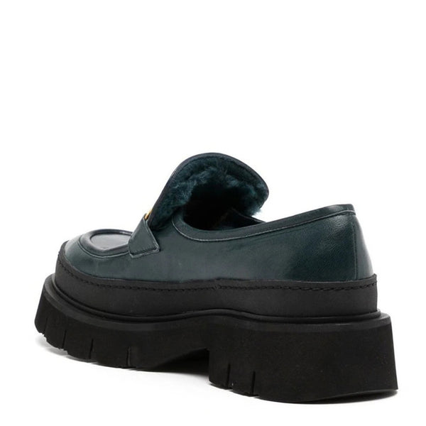 Back view chunky leather loafer with shearling lining and thick tread sole