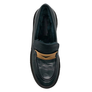 Top view slip-on chunky leather loafer showing shearling lining and gold strap