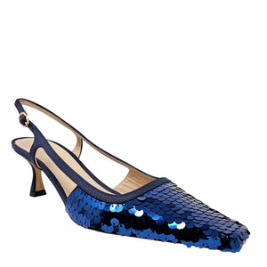 Navy sequin slingback heel with pointed snip toe and mid heel