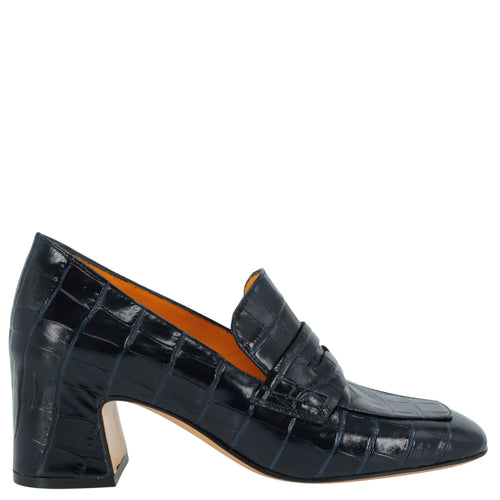 Navy leather croc-embossed heel moc loafer, slip-on with block heel
