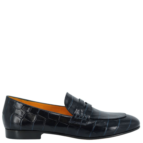Navy crocodile-embossed leather flat moc loafer, slip-on with strap