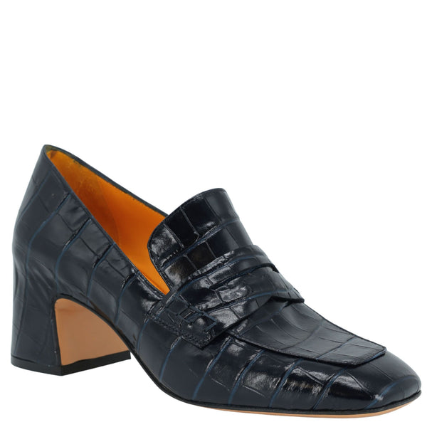Navy croc-embossed heel moc loafer, slip-on with wide moc strap