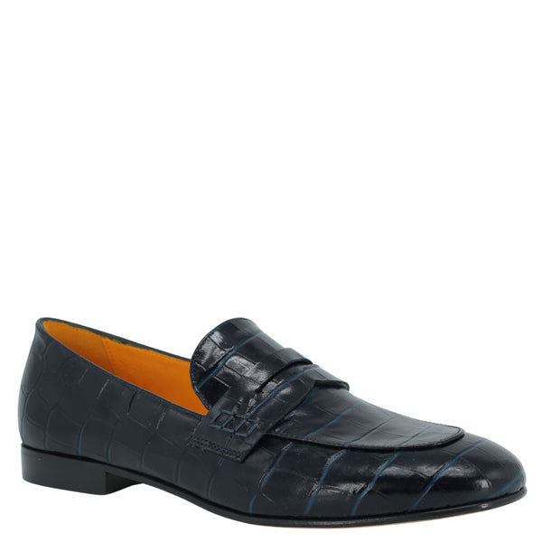 Navy crocodile-embossed leather flat moc loafer, side view with moc strap