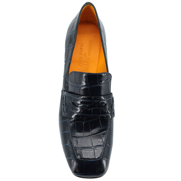 Navy leather croc-embossed moc loafer with orange-lined interior and block heel