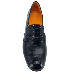 Navy crocodile-embossed leather flat moc loafer, front view with open collar