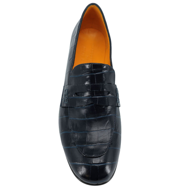 Navy crocodile-embossed leather flat moc loafer, front view with open collar