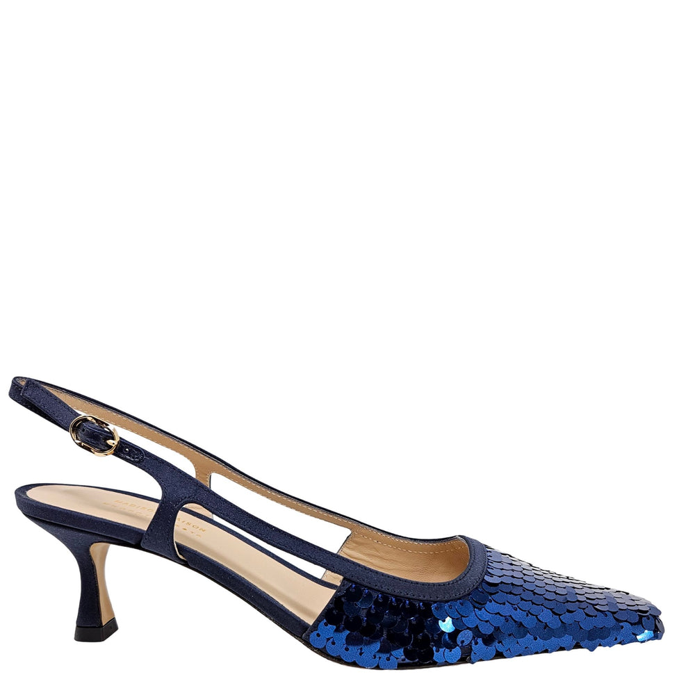 Navy sequin slingback pump with pointed snip toe and slim heel