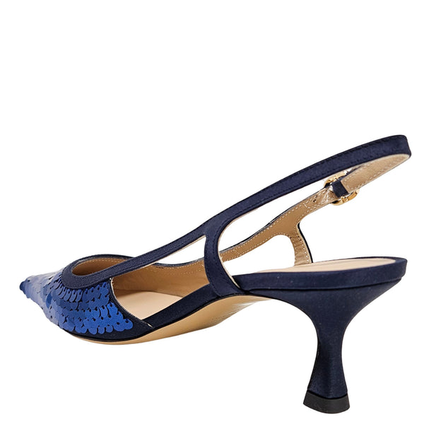 Navy sequin slingback heel with open sides and pointed snip toe