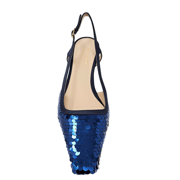 Navy sequin slingback heel with slingback strap and pointed snip toe