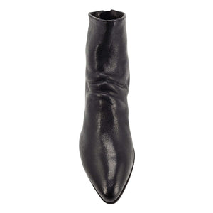 Black leather ankle boot, rear view with sleek pointed toe and tall shaft