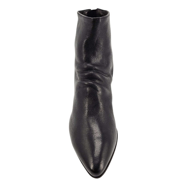 Black leather ankle boot, rear view with sleek pointed toe and tall shaft