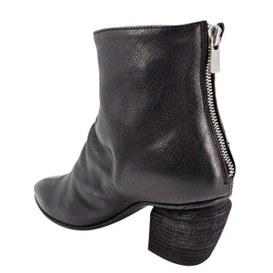 Black leather ankle boot with block heel and side zipper, structured shaft