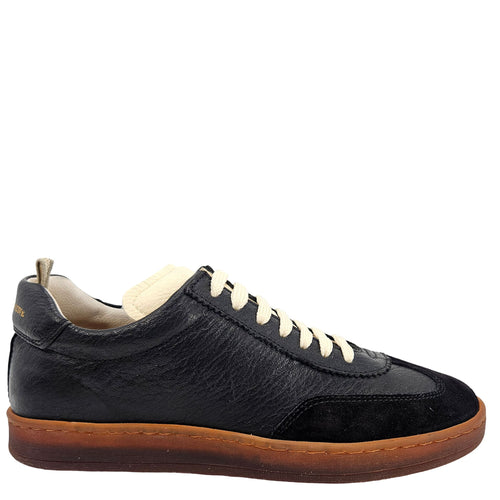 Chance/101 black leather lace-up sneaker with cream laces and gum sole, low-top side