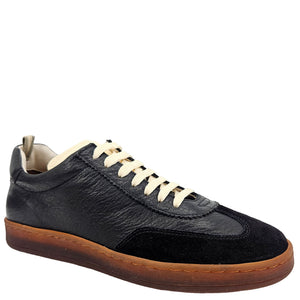 Chance/101 black leather lace-up sneaker, side view with cream laces and gum sole