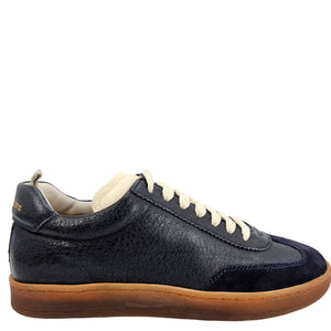 Dark blue leather lace-up sneaker with cream laces and gum sole