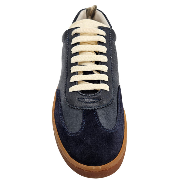 Dark blue suede and leather lace-up sneaker with cream laces and gum sole