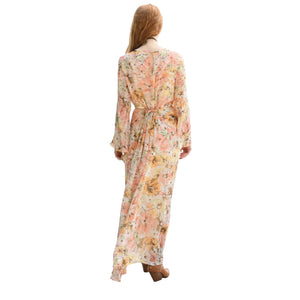 Pale peach floral maxi dress with keyhole back, long sleeves, tie waist