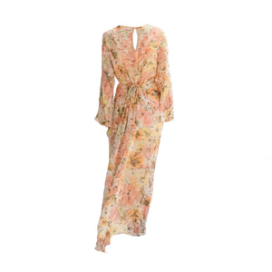 Pale peach floral maxi dress, keyhole back, long bell sleeves, tie waist