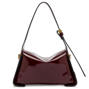 Dark berry patent-leather mini shoulder handbag with top handle and dangling key fob