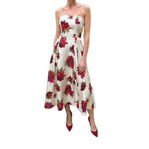 Floral midi dress with spaghetti straps, ivory base and red peony-style flowers