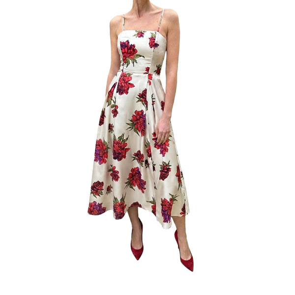 Floral midi dress with spaghetti straps, ivory base and red peony-style flowers