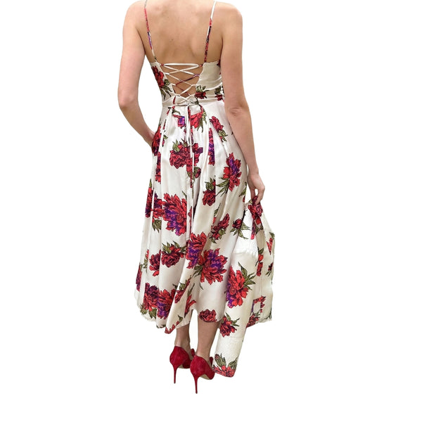 Floral midi dress with crisscross open-back straps, ivory with red peony-style flowers