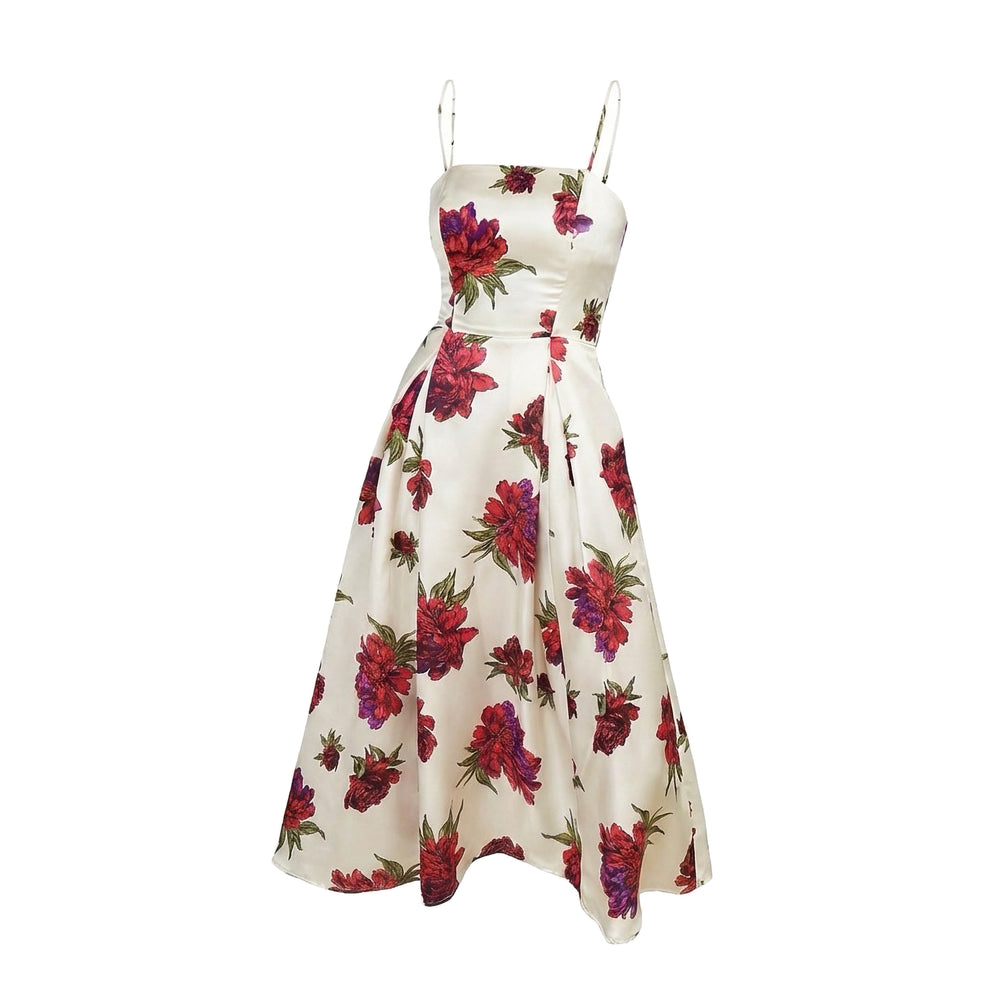 Floral midi dress with thin straps, ivory fabric with red and purple peony-style blooms