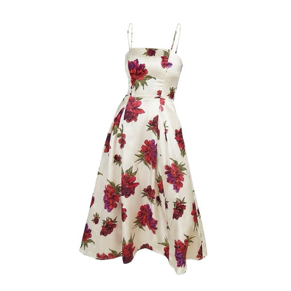 Floral midi dress with thin straps, ivory fabric with red and purple peony-style blooms