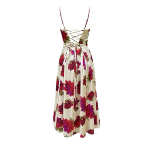 Floral midi dress with crisscross back detail and thin straps, ivory with red flower print