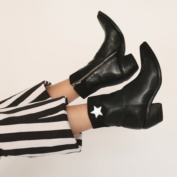 Black leather pointy-toe ankle boots with star side panel and side zipper.
