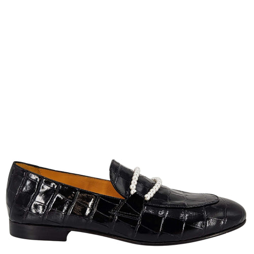 Black croc-embossed leather flat loafer with faux pearl strap detail