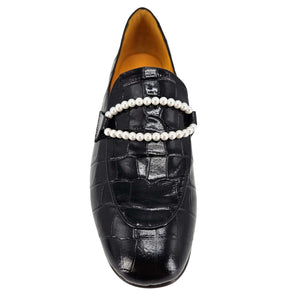 Black croc-embossed leather loafer with faux pearl strap detail and pointed toe