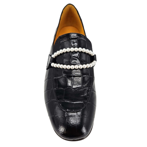 Black croc-embossed leather loafer with faux pearl strap detail and pointed toe
