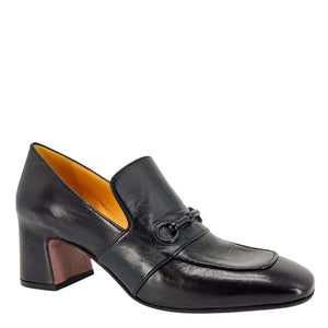 Black leather hidden-bit loafer with rounded toe and mid block heel